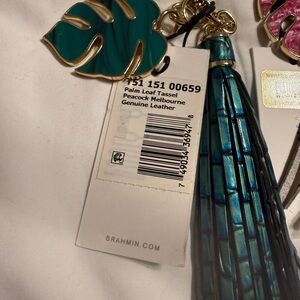 Brahmin Peacock Blue Leather Tassel with Gold Accents